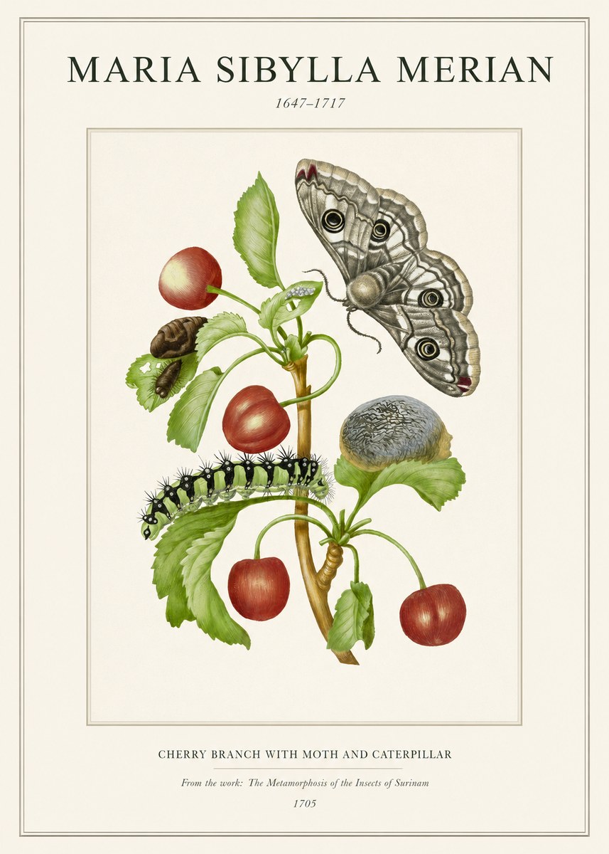 Maria Sibylla Merian Cherry Branch with Moth and Caterpillar No1 - Plakát