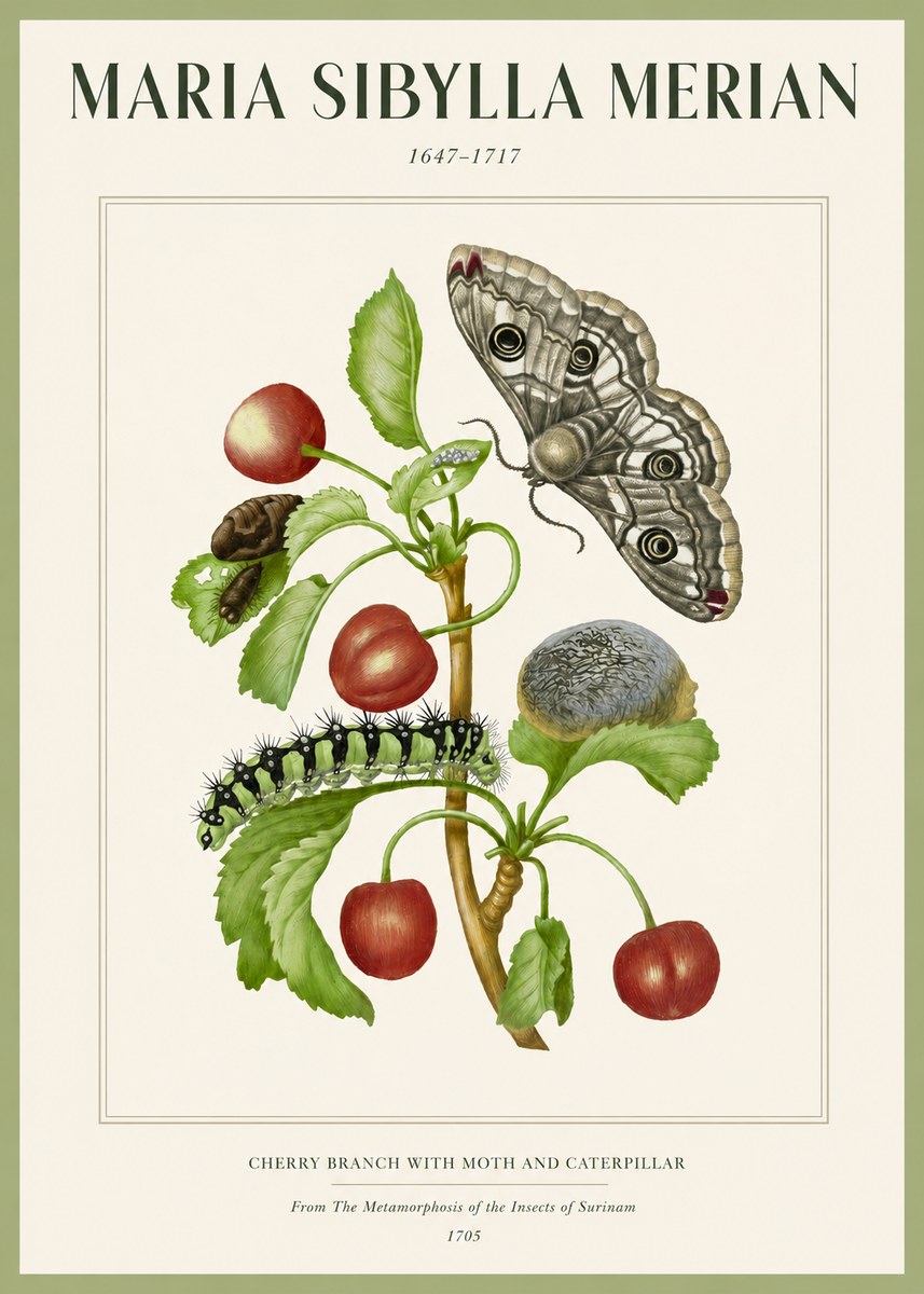 Maria Sibylla Merian Cherry Branch with Moth and Caterpillar No2 - Plakát