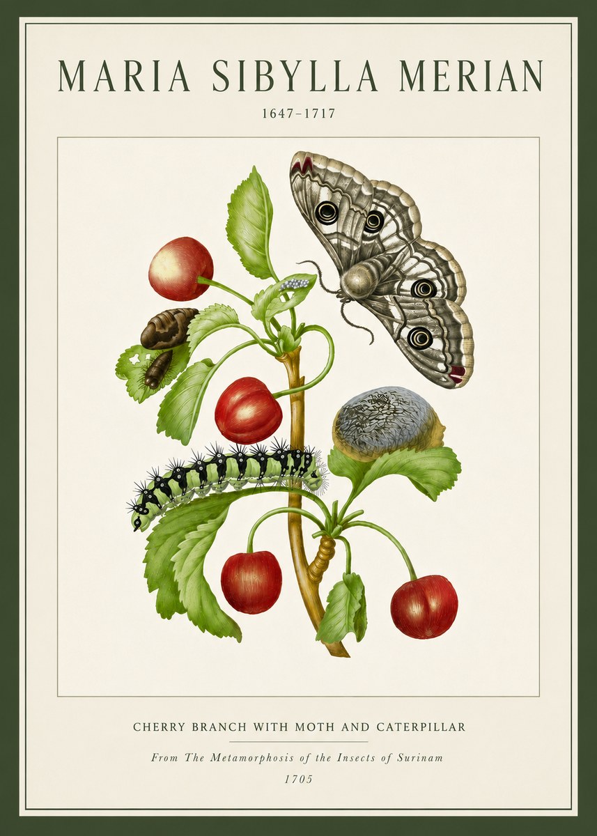 Maria Sibylla Merian Cherry Branch with Moth and Caterpillar No5 - Plakát
