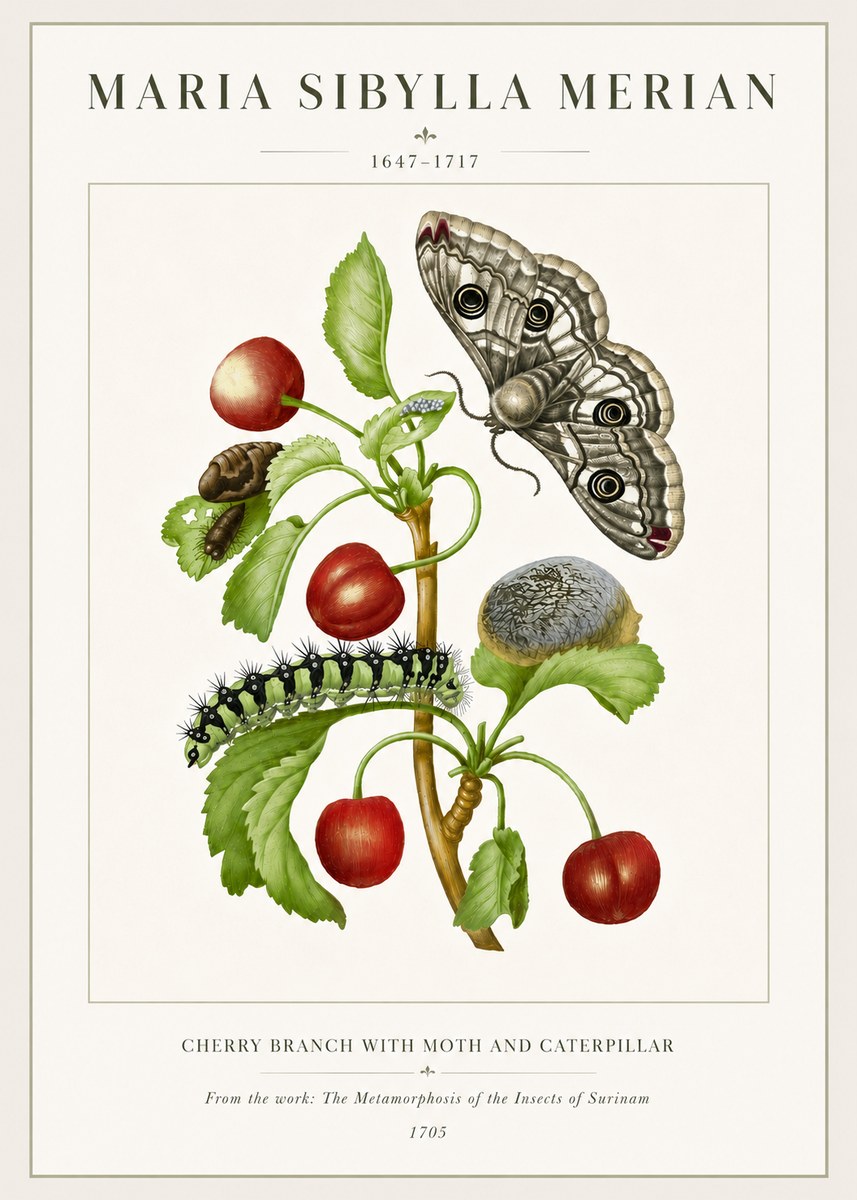 Maria Sibylla Merian Cherry Branch with Moth and Caterpillar No6 - Plakát