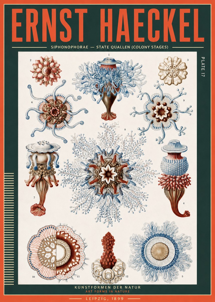 Ernst Haeckel Siphonophorae - State Quallen (Colony Stages) No3 - Plakát