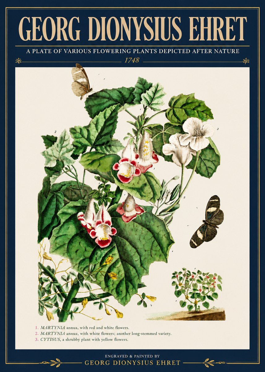 Georg Dionysius Ehret A Plate of Various Flowering Plants Depicted After Nature 1748 No4 - Plakát