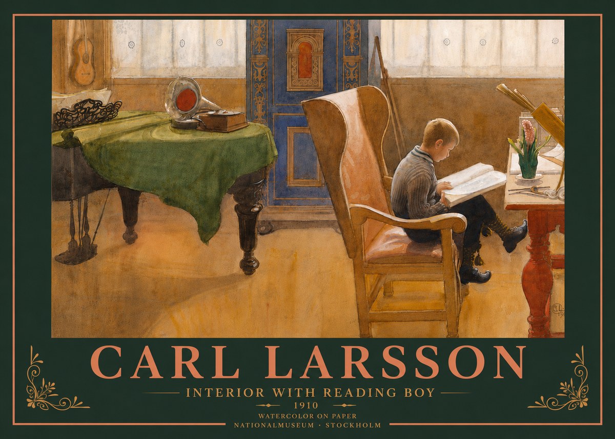 Carl Larsson Interior with Reading Boy No5 - Plakát