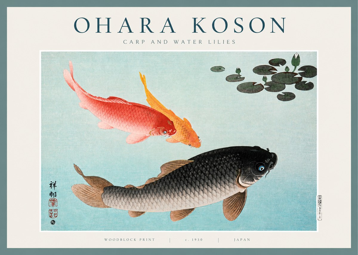 Ohara Koson Carp and Water Lilies No2 - Plakát