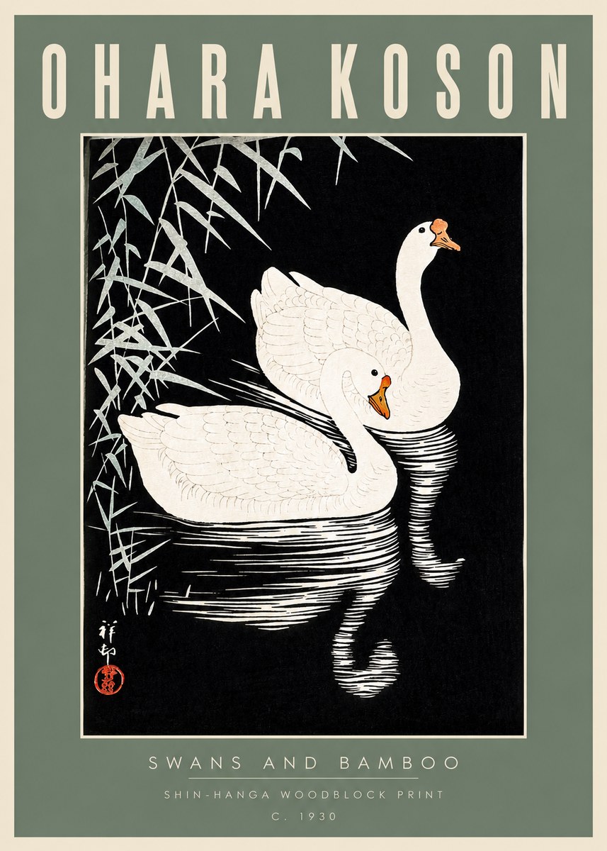 Ohara Koson Swans and Bamboo No2 - Plakát