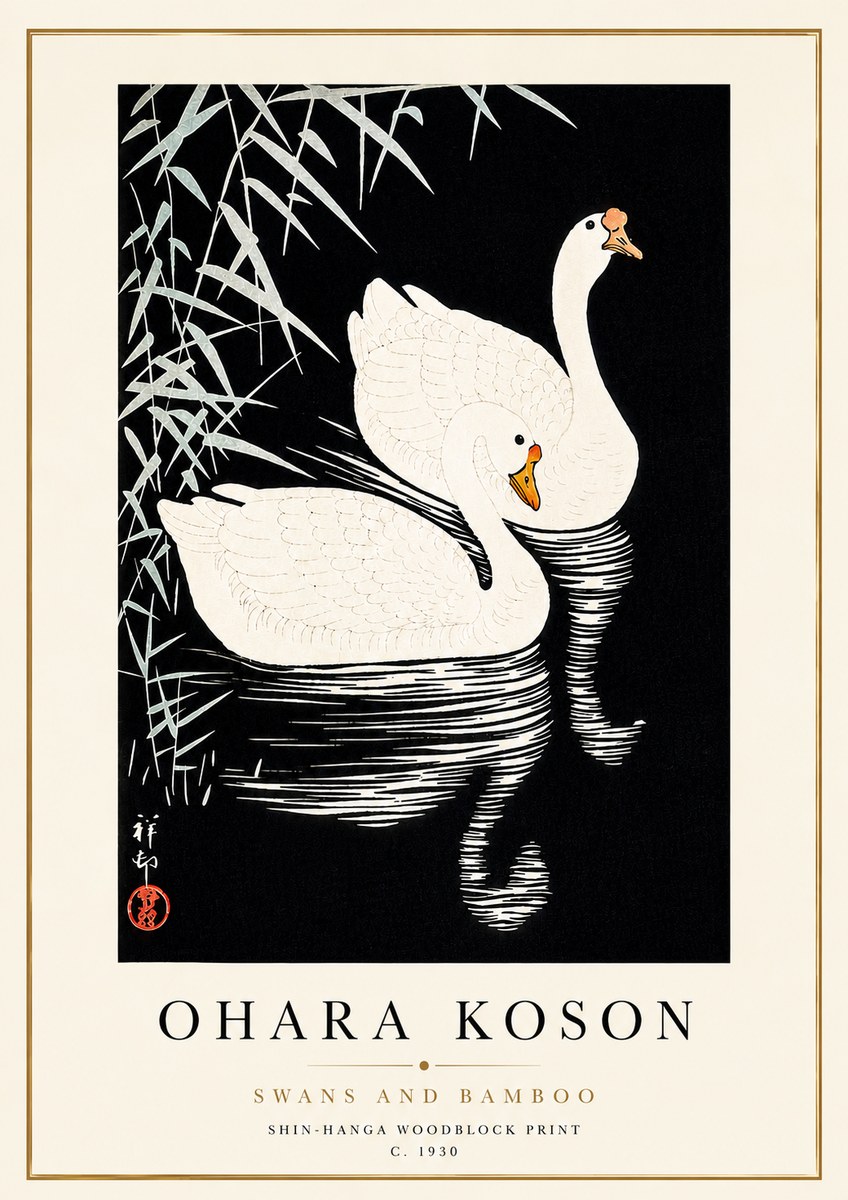 Ohara Koson Swans and Bamboo No5 - Plakát