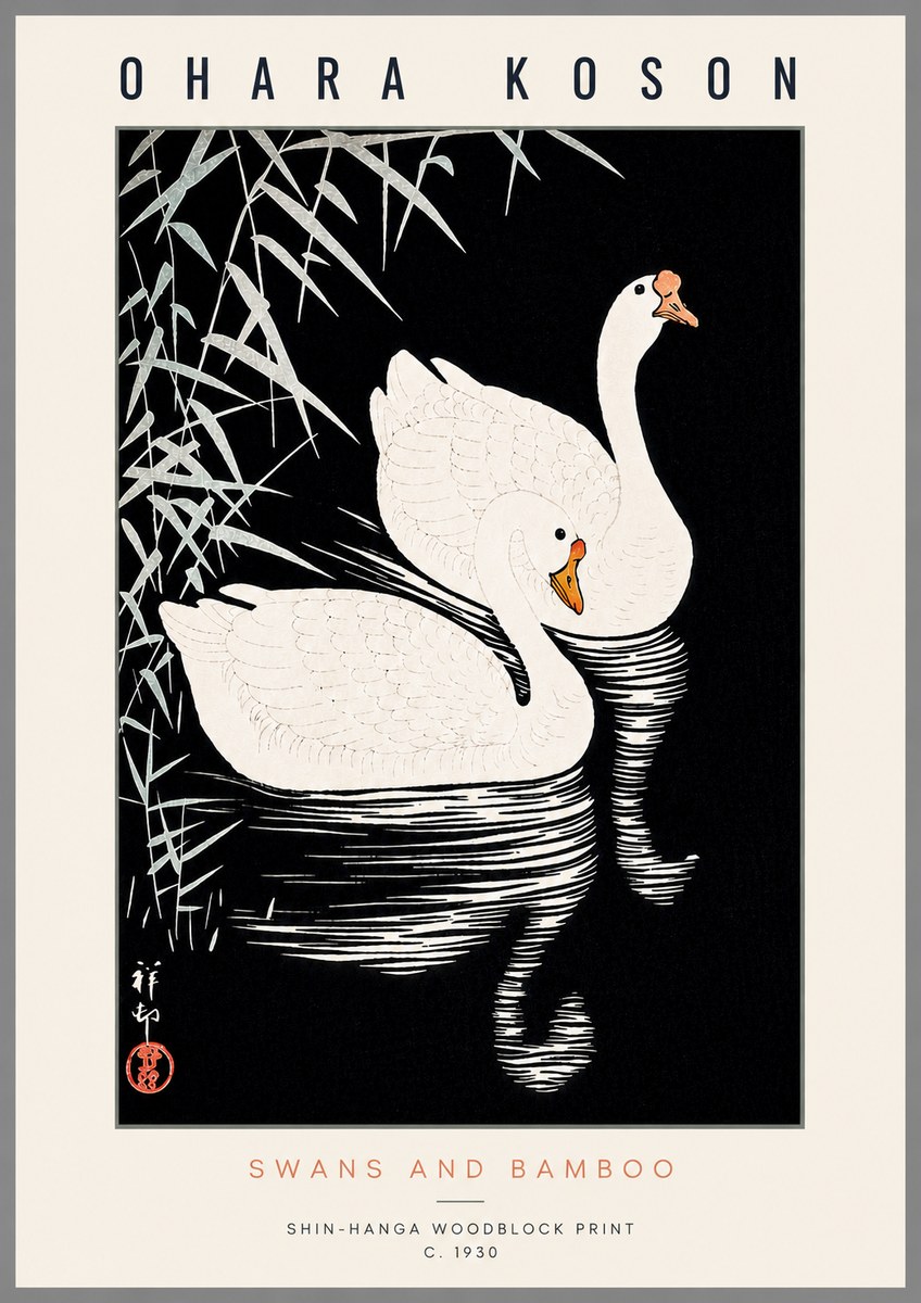 Ohara Koson Swans and Bamboo No6 - Plakát