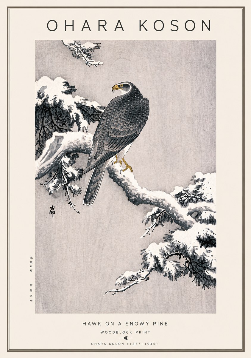 Ohara Koson Hawk on a Snowy Pine No5 - Plakát