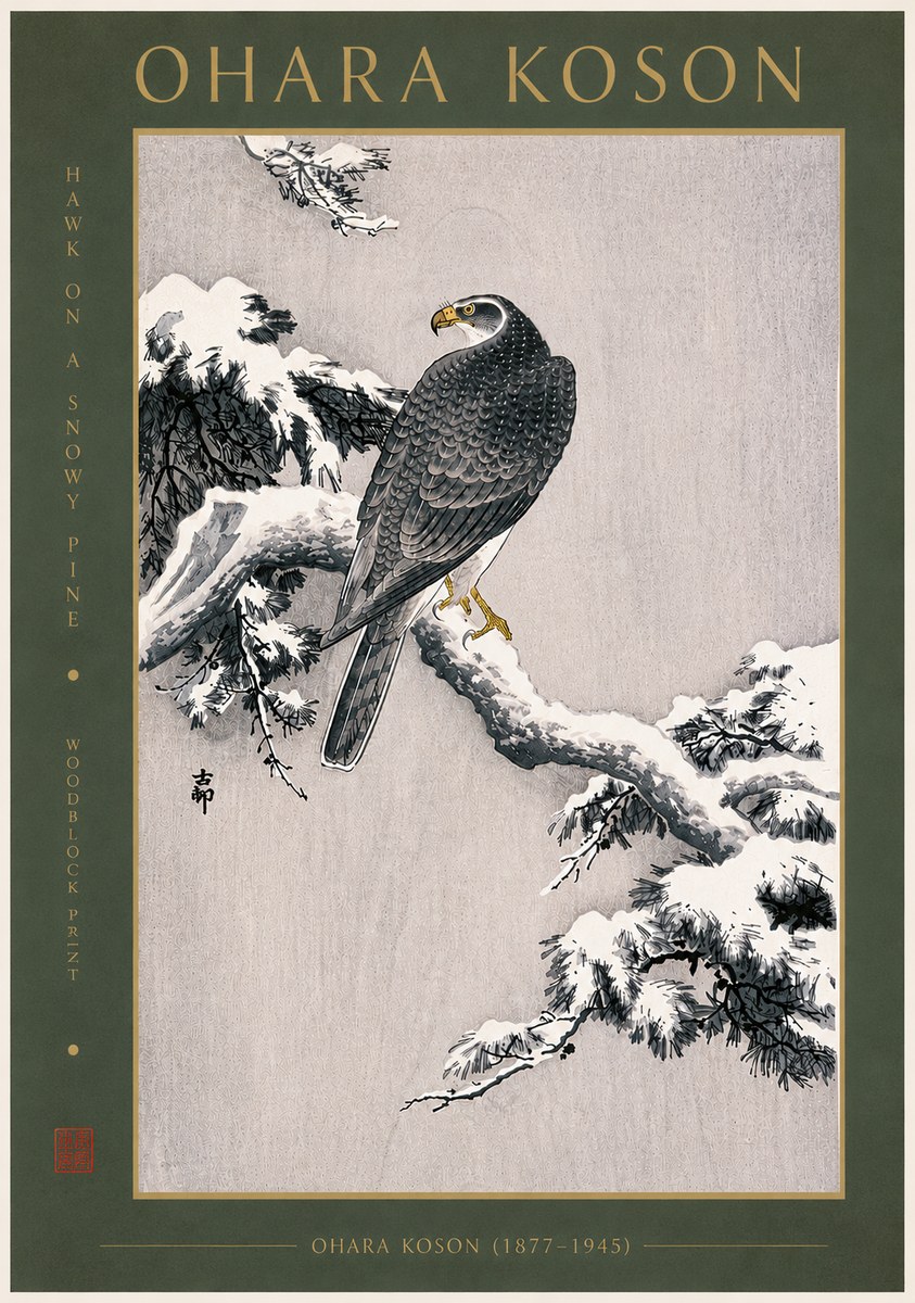 Ohara Koson Hawk on a Snowy Pine No6 - Plakát