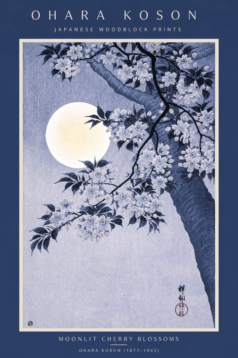 Ohara Koson Moonlit Cherry Blossoms No2 - Plakát