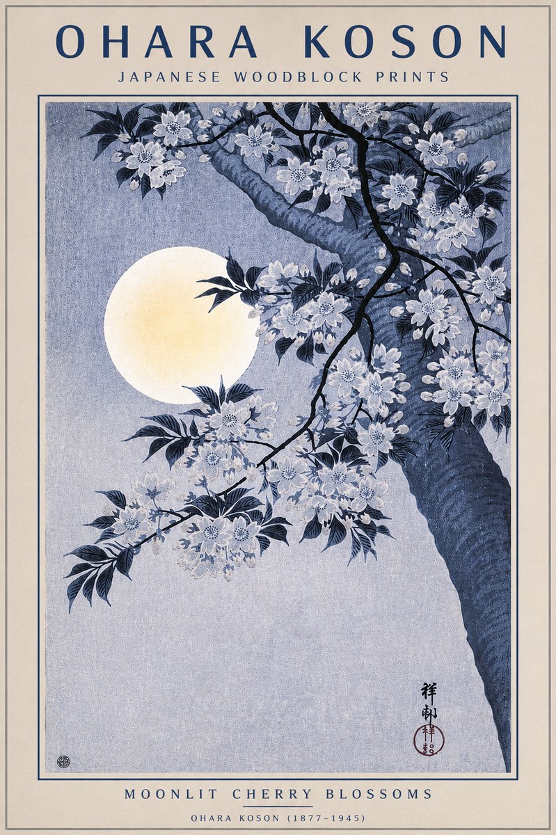 Ohara Koson Moonlit Cherry Blossoms No4 - Plakát