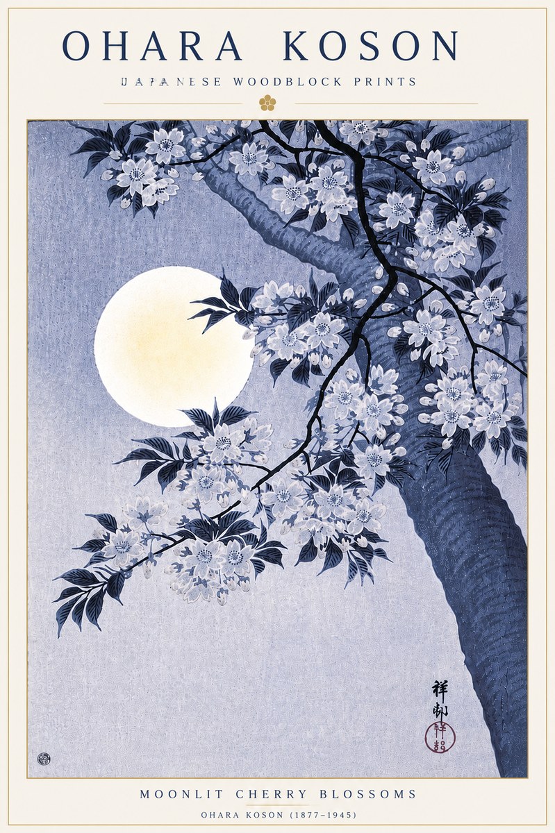 Ohara Koson Moonlit Cherry Blossoms No6 - Plakát