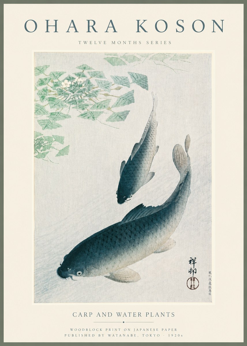 Ohara Koson Carp and Water Plants No3 - Plakát