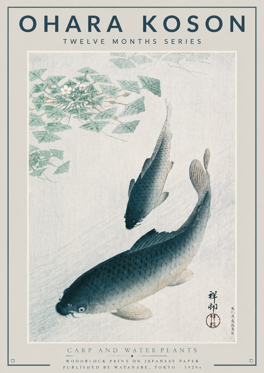 Ohara Koson Carp and Water Plants No4 - Plakát
