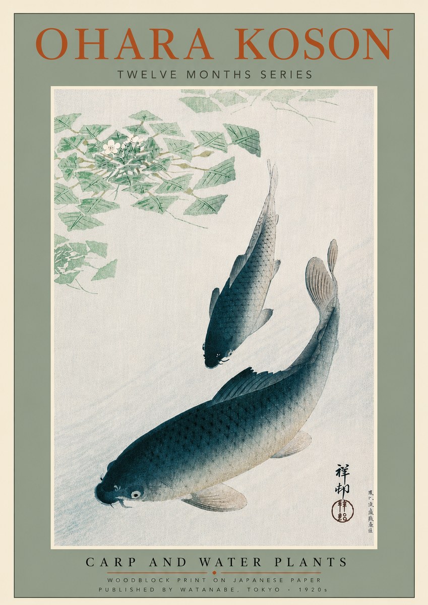 Ohara Koson Carp and Water Plants No5 - Plakát