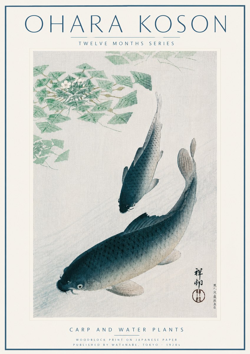 Ohara Koson Carp and Water Plants No6 - Plakát