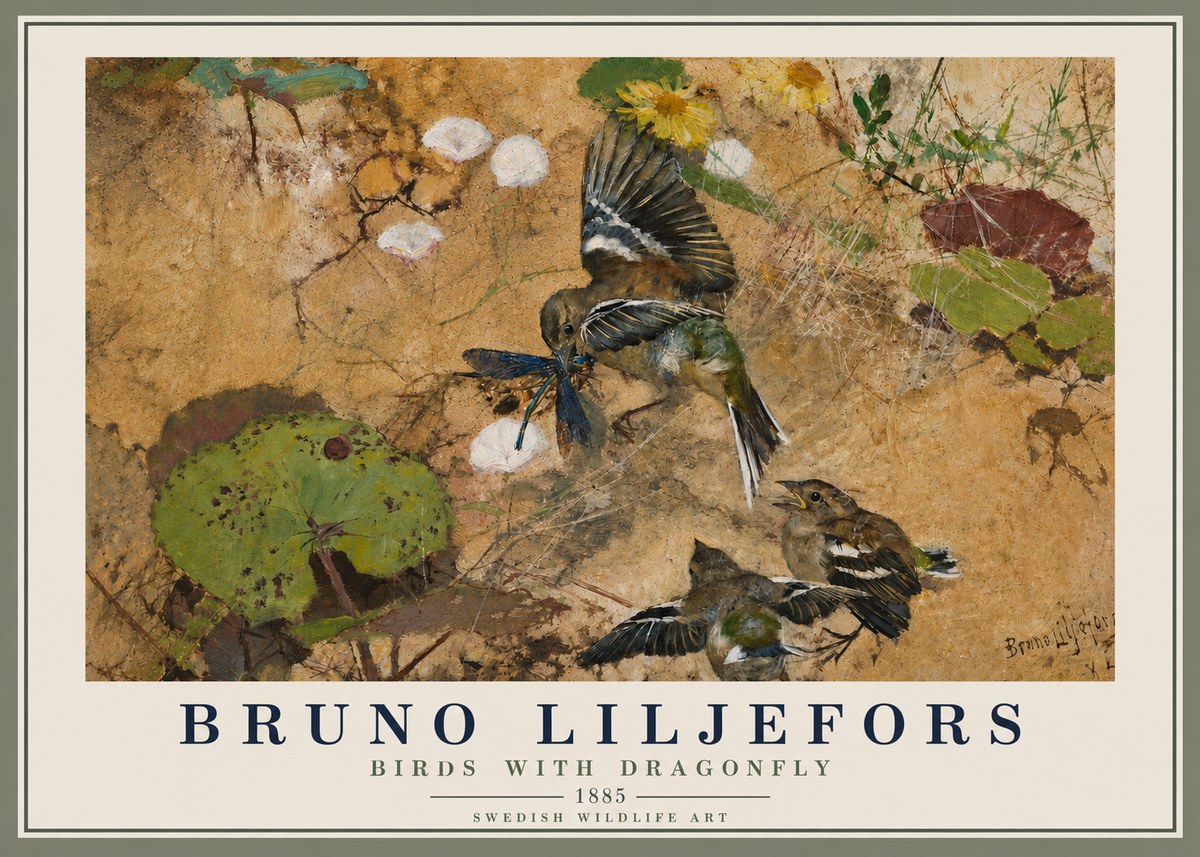 Bruno Liljefors Birds with Dragonfly No4 - Plakát