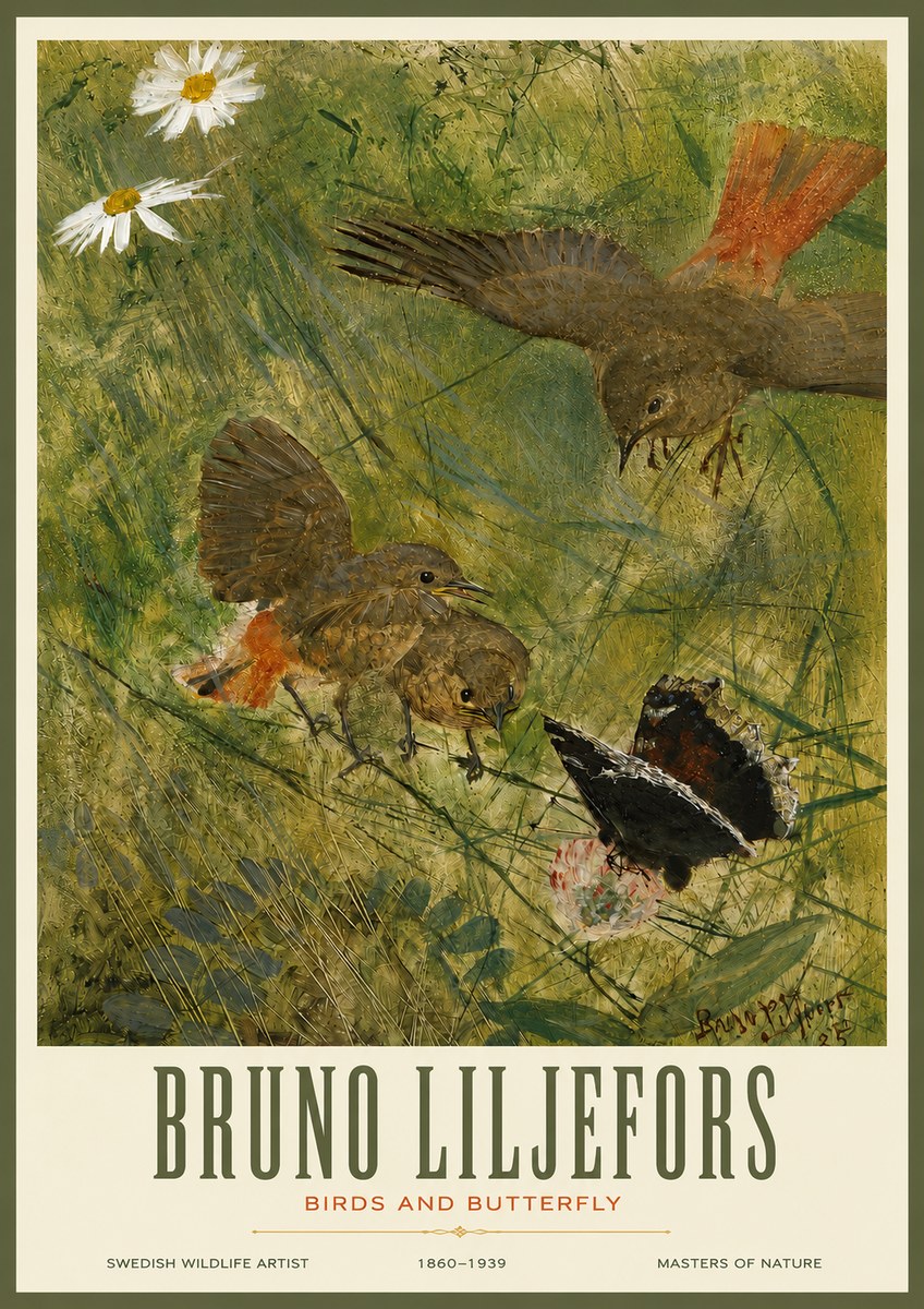 Bruno Liljefors Birds and Butterfly No3 - Plakát