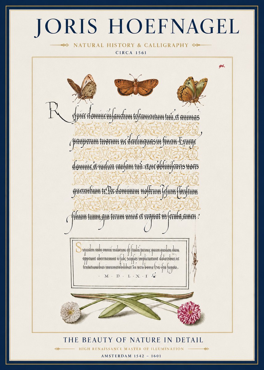 Joris Hoefnagel Butterflies, Flowers and Calligraphy Page No3 - Plakát
