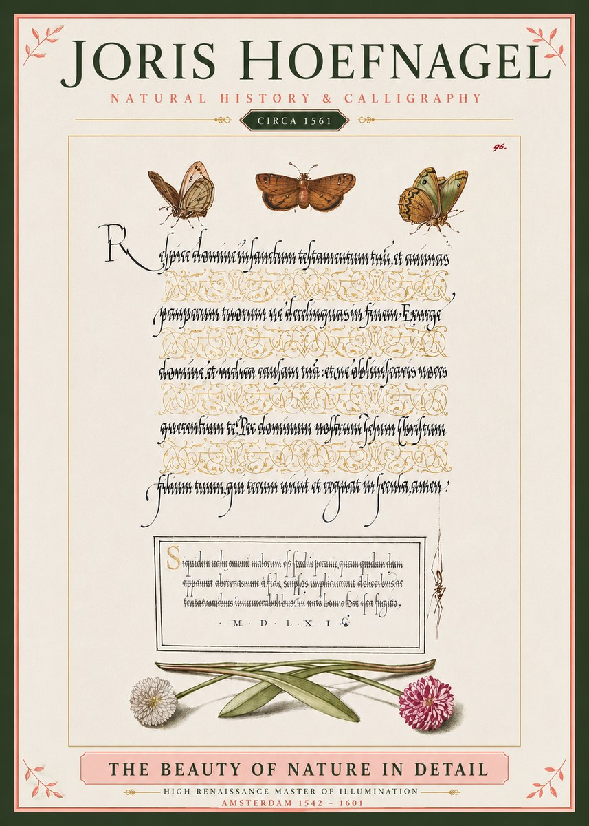 Joris Hoefnagel Butterflies, Flowers and Calligraphy Page No4 - Plakát