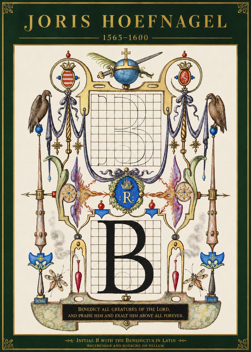 Joris Hoefnagel Initial B with the Benedictus in Latin No3 - Plakát
