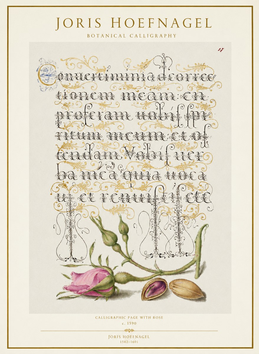 Joris Hoefnagel Calligraphic Page with Rose No1 - Plakát