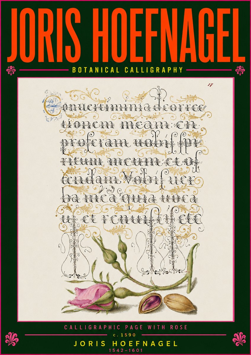 Joris Hoefnagel Calligraphic Page with Rose No5 - Plakát
