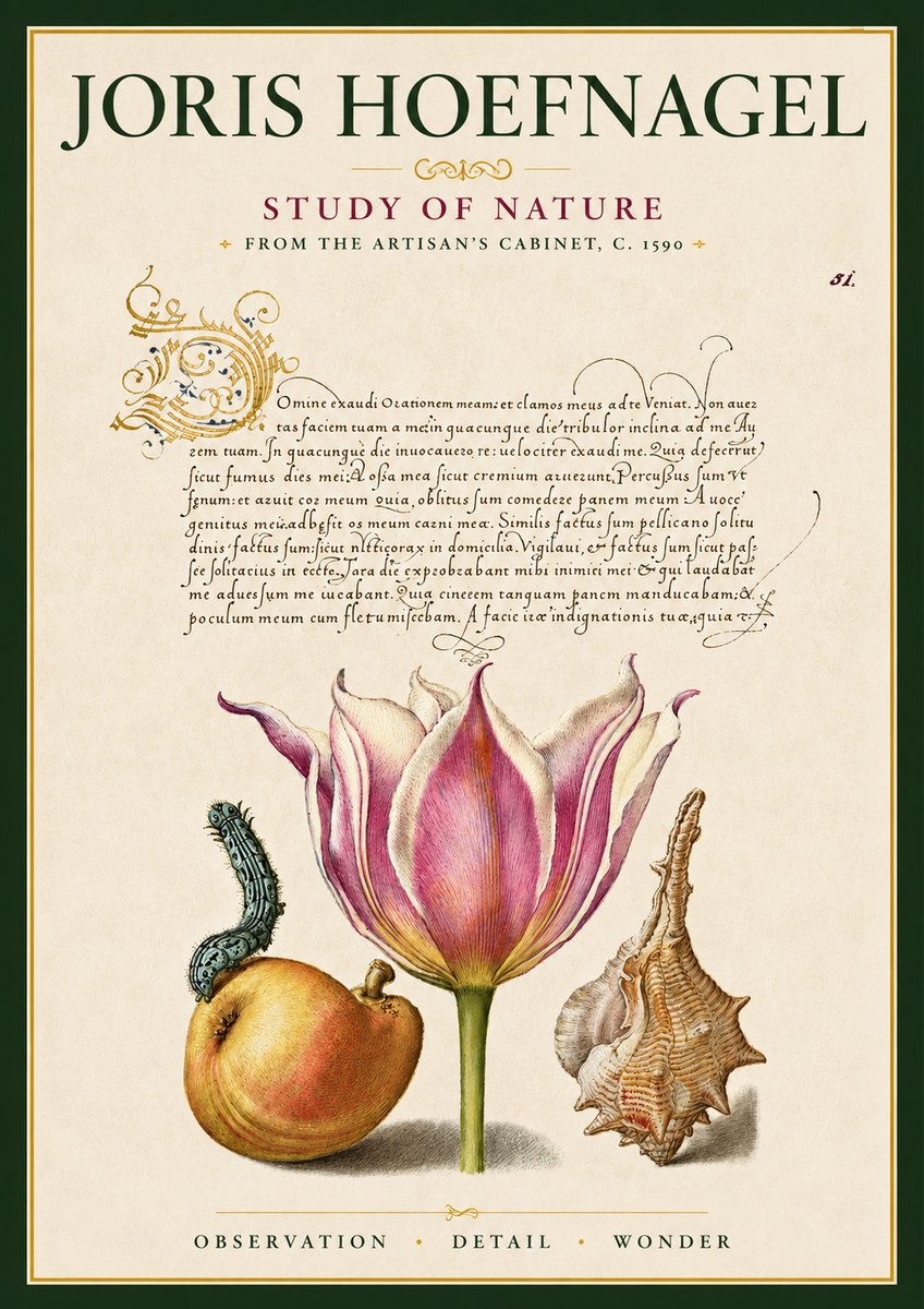 Joris Hoefnagel Tulip, Peach, Caterpillar & Seashell No6 - Plakát