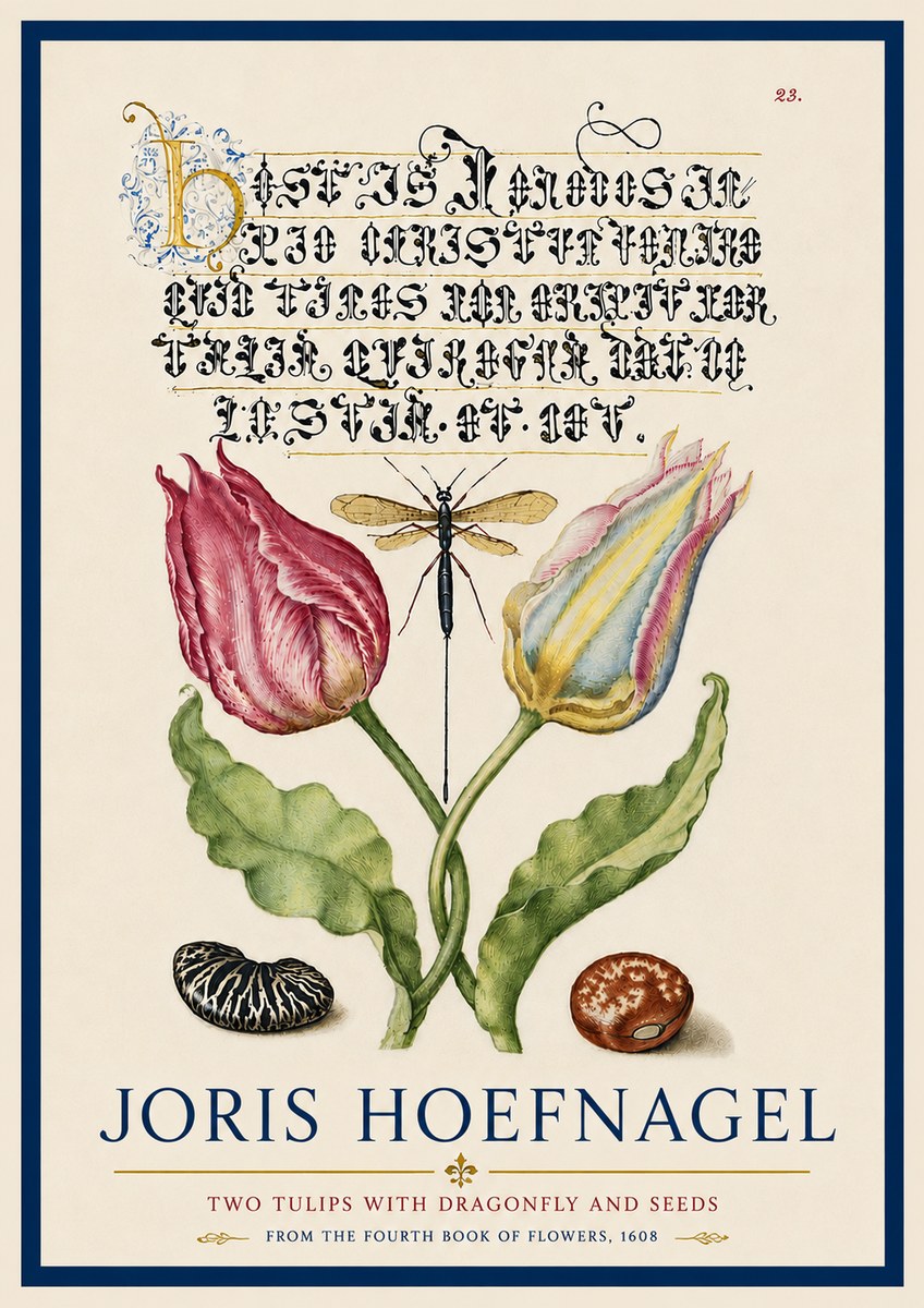 Joris Hoefnagel Two Tulips with Dragonfly and Seeds No6 - Plakát