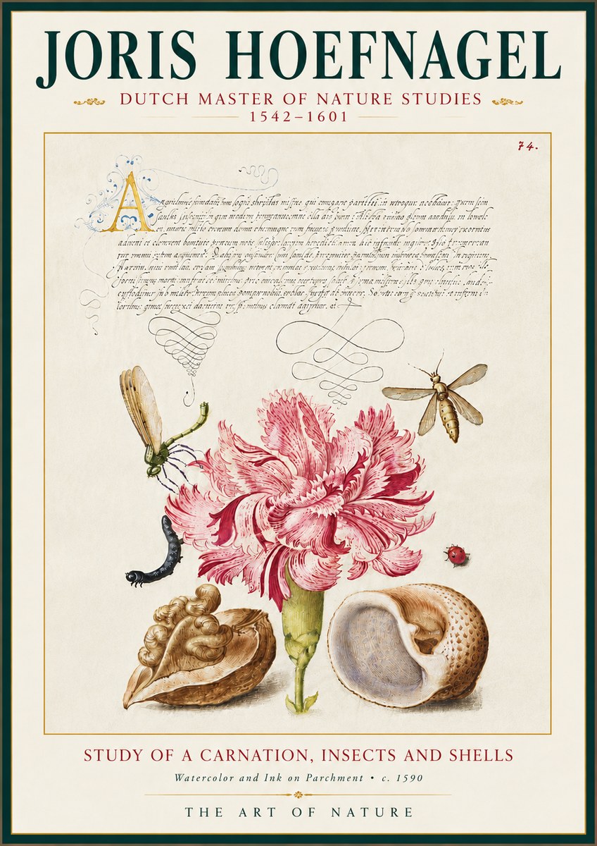 Joris Hoefnagel Study of a Carnation, Insects and Shells No5 - Plakát