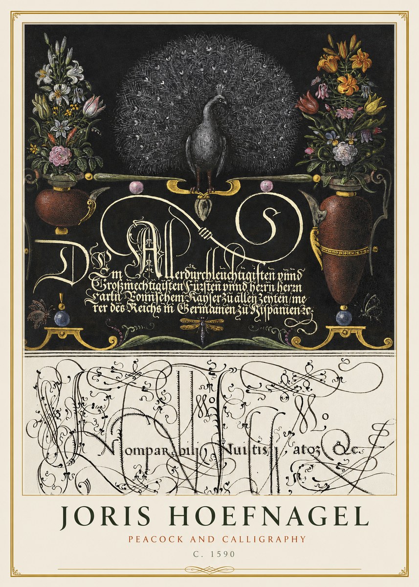 Joris Hoefnagel Peacock and Calligraphy No1 - Plakát