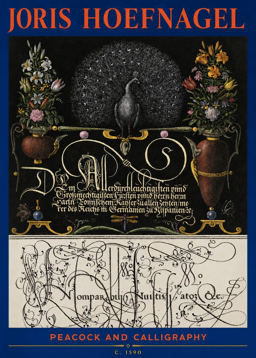 Joris Hoefnagel Peacock and Calligraphy No3 - Plakát