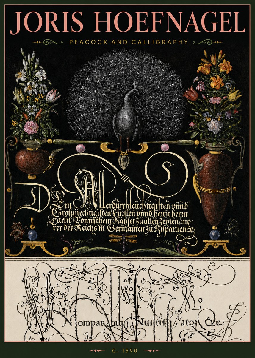 Joris Hoefnagel Peacock and Calligraphy No4 - Plakát