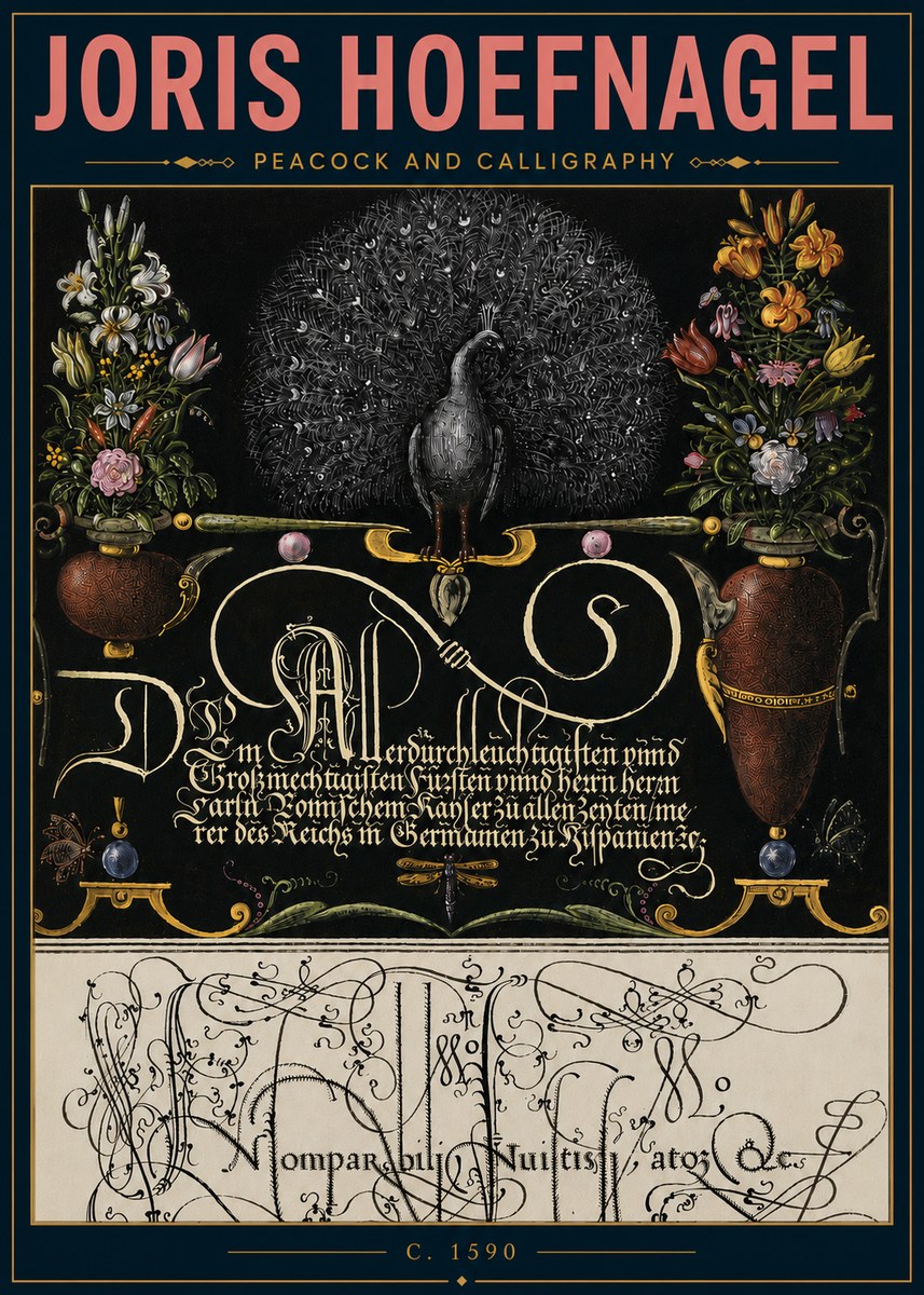 Joris Hoefnagel Peacock and Calligraphy No5 - Plakát