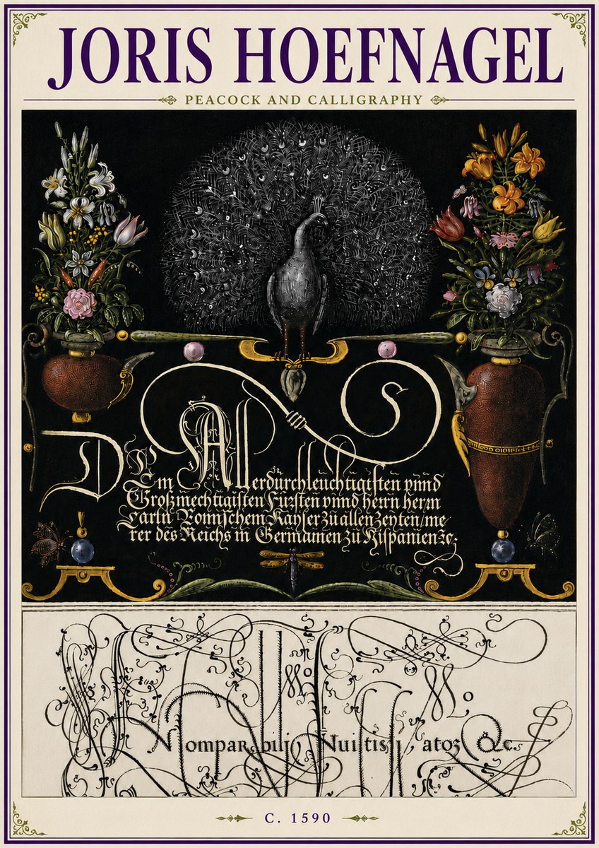 Joris Hoefnagel Peacock and Calligraphy No6 - Plakát
