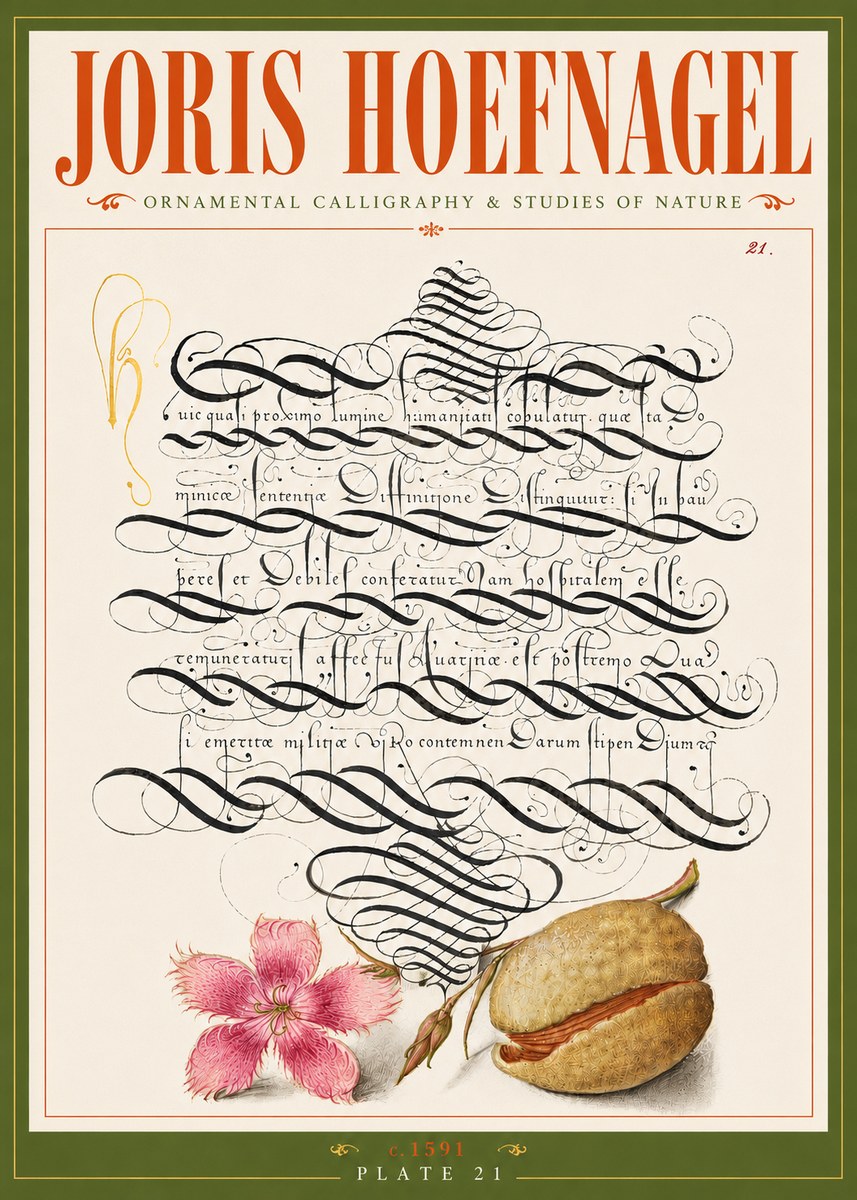 Joris Hoefnagel Ornamental Calligraphy & Studies of Nature No6 - Plakát