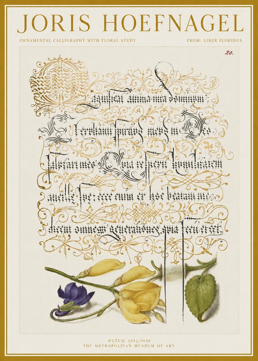 Joris Hoefnagel Ornamental Calligraphy with Floral Study No1 - Plakát