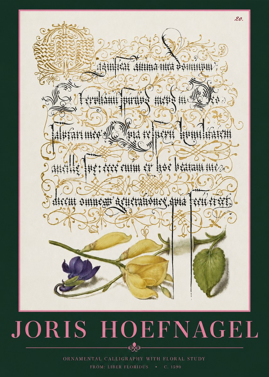 Joris Hoefnagel Ornamental Calligraphy with Floral Study No2 - Plakát