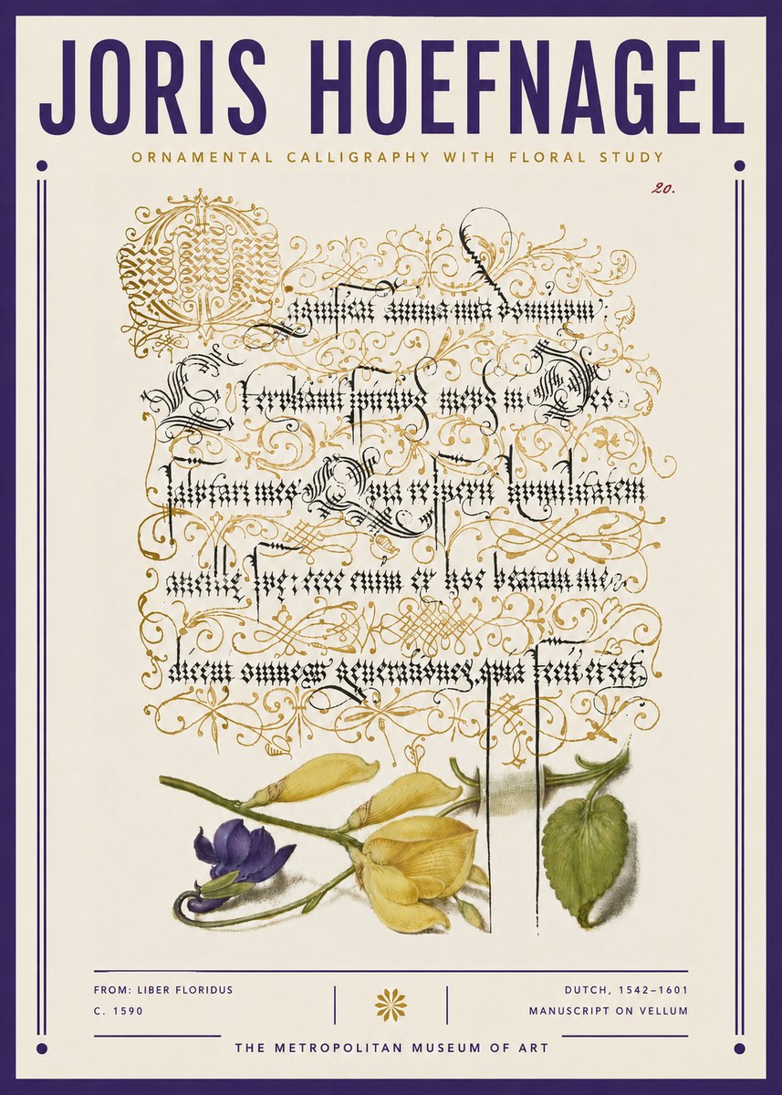 Joris Hoefnagel Ornamental Calligraphy with Floral Study No3 - Plakát