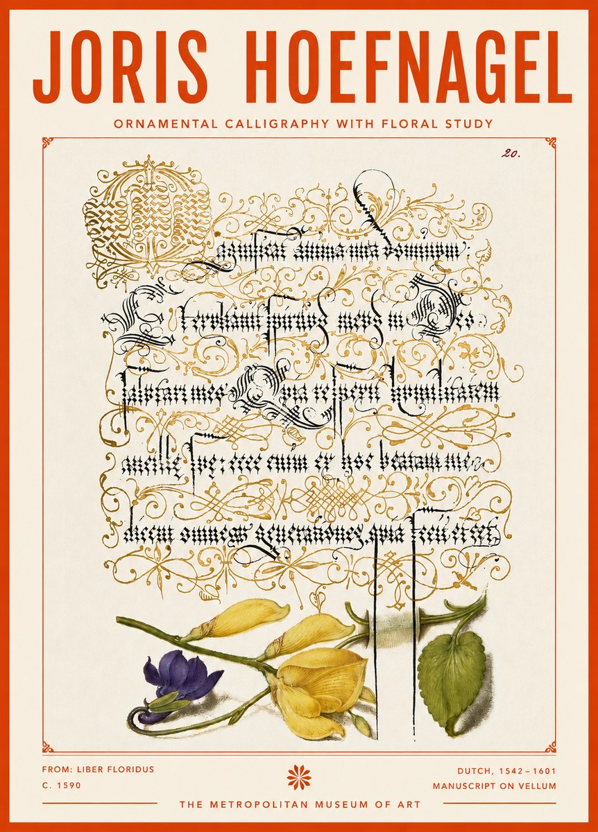 Joris Hoefnagel Ornamental Calligraphy with Floral Study No4 - Plakát