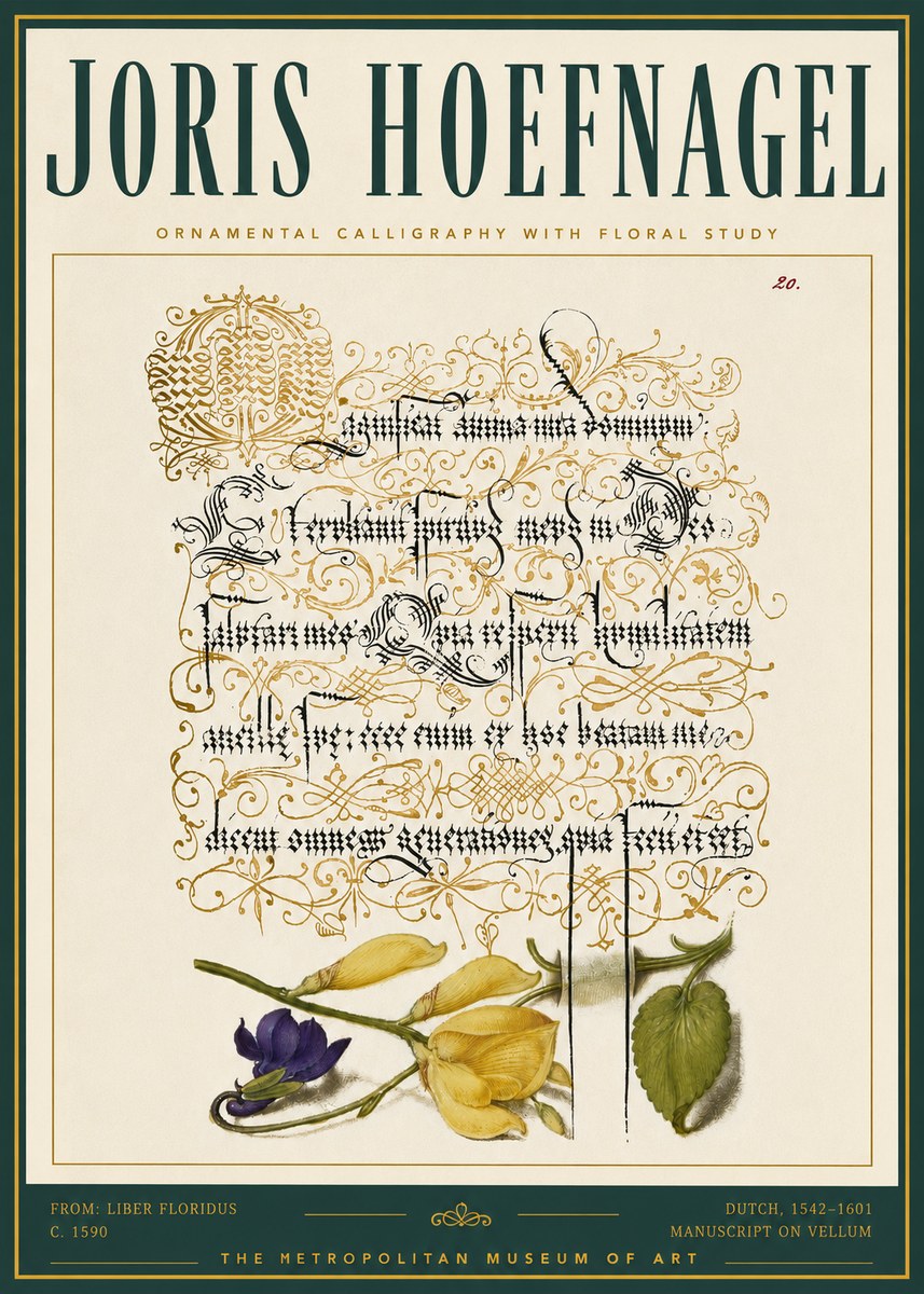 Joris Hoefnagel Ornamental Calligraphy with Floral Study No5 - Plakát