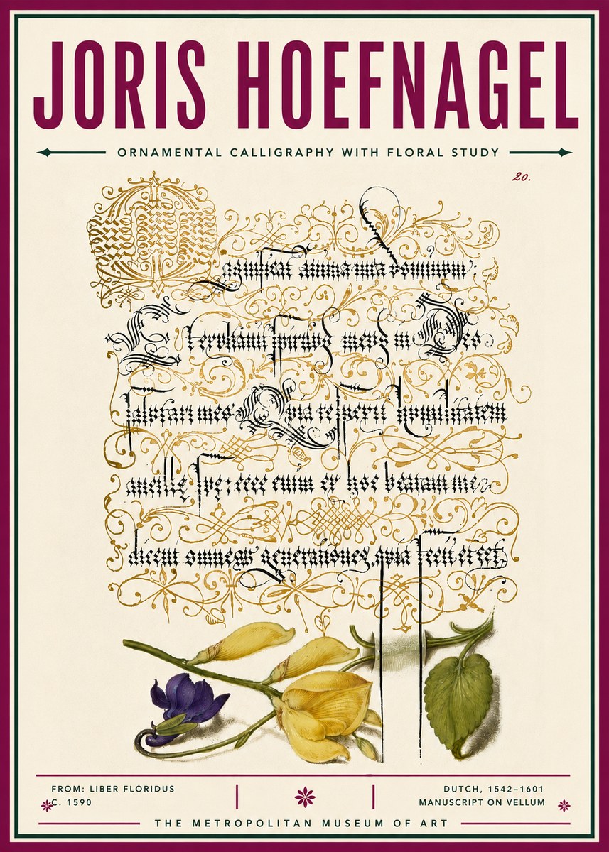 Joris Hoefnagel Ornamental Calligraphy with Floral Study No6 - Plakát