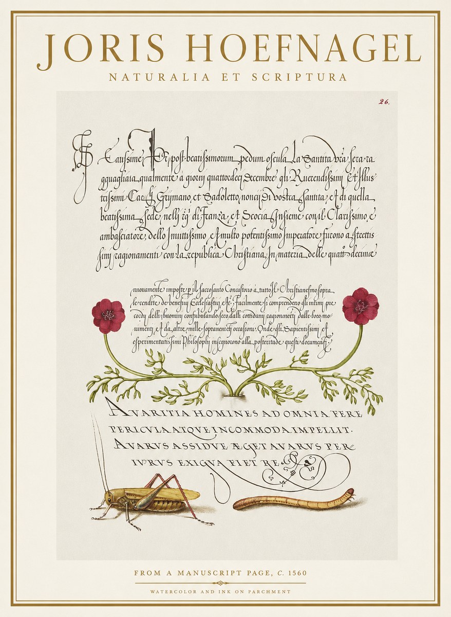 Joris Hoefnagel Illuminated Page with Flowers, Insects & Latin Script No2 - Plakát