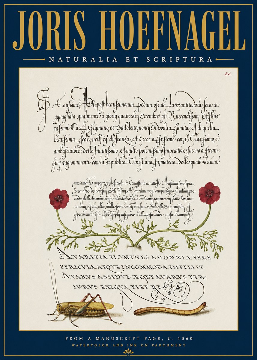 Joris Hoefnagel Illuminated Page with Flowers, Insects & Latin Script No4 - Plakát