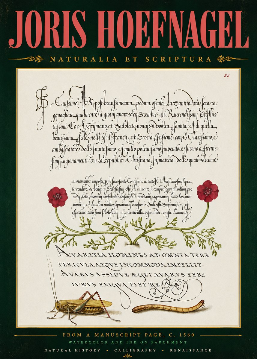 Joris Hoefnagel Illuminated Page with Flowers, Insects & Latin Script No5 - Plakát