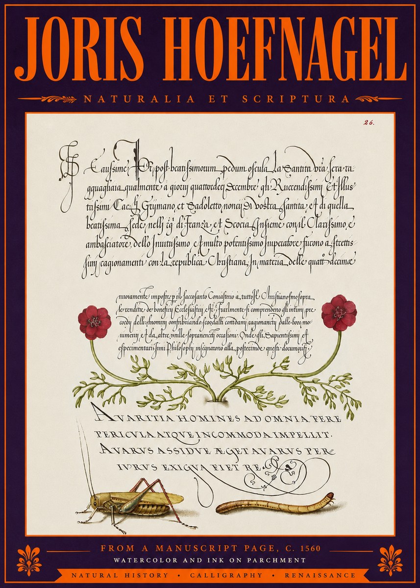 Joris Hoefnagel Illuminated Page with Flowers, Insects & Latin Script No6 - Plakát