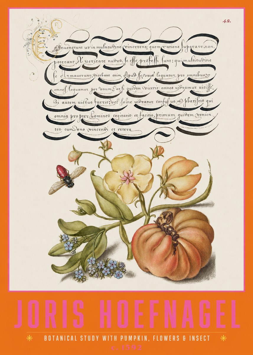 Joris Hoefnagel Botanical Study with Pumpkin, Flowers & Insect No2 - Plakát