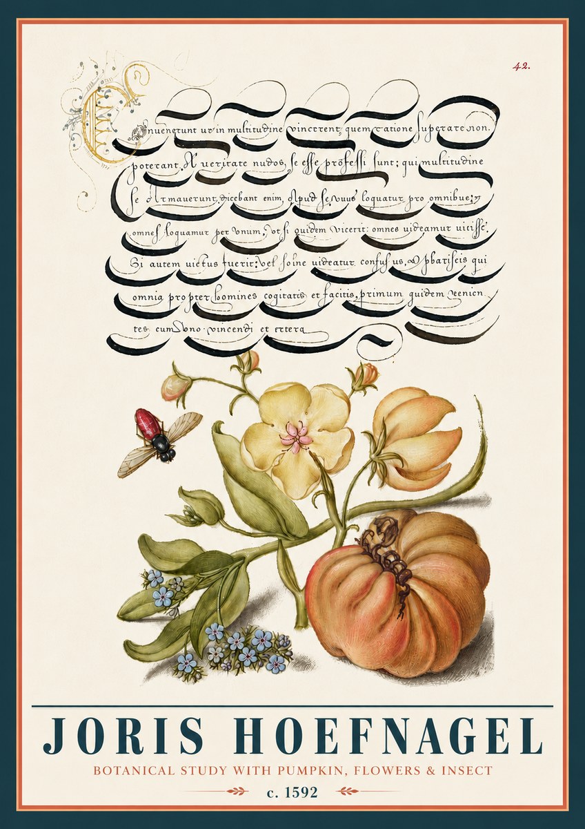 Joris Hoefnagel Botanical Study with Pumpkin, Flowers & Insect No5 - Plakát