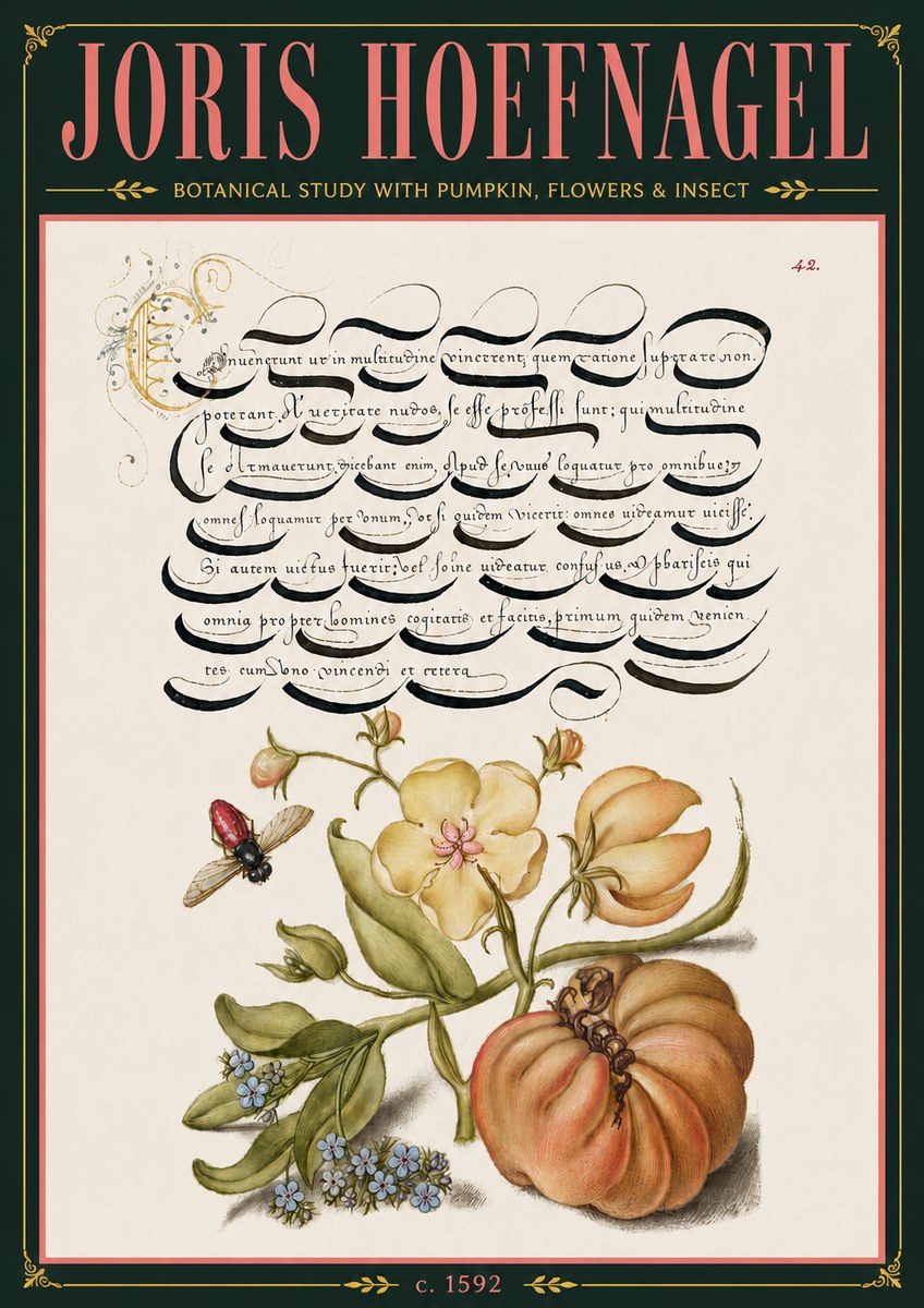 Joris Hoefnagel Botanical Study with Pumpkin, Flowers & Insect No6 - Plakát