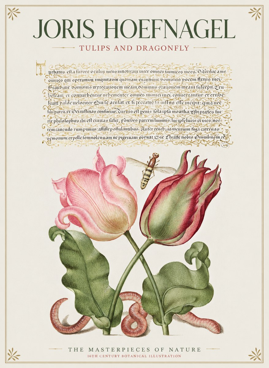 Joris Hoefnagel Two Tulips with Caterpillars and Dragonfly No2 - Plakát
